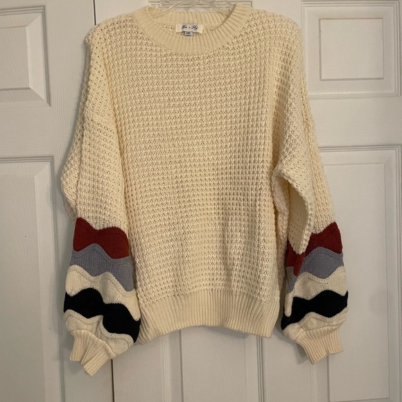 She + Sky Sweaters - She + Sky Cream Sweater with Multicolor Sleeves